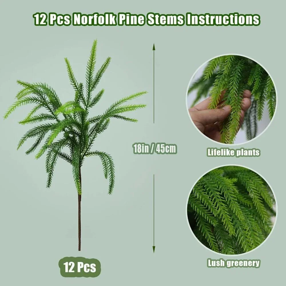 12 Pieces 18 Inch Christmas Norfolk Pine Greenery Branches Home Decorations